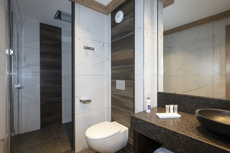 Salle de douche, Suite Appartement Exécutive, hôtel Alpen Lodge, La Rosière, vue 2 Salle de douche, Suite Appartement Exécutive, hôtel Alpen Lodge, La Rosière, vue 2